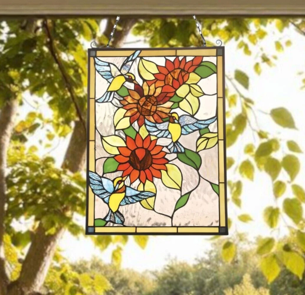 Hummingbird Lilly Tiffany Style Stained Glass Suncatcher Hanging Window Panel
