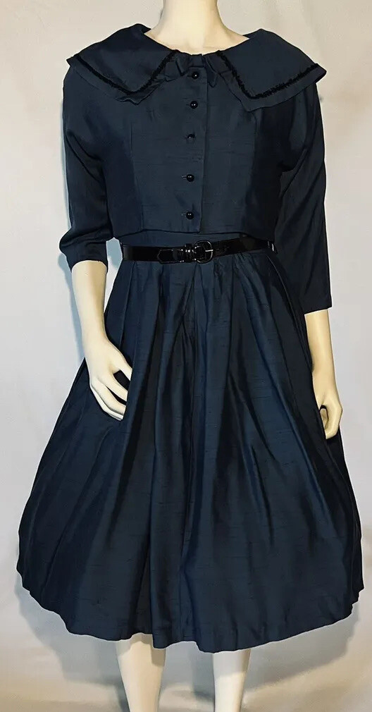 Vintage 1950s Blue Cotton Linen A-Line Full Skirt Day Dress Patent Belt  Bolero S