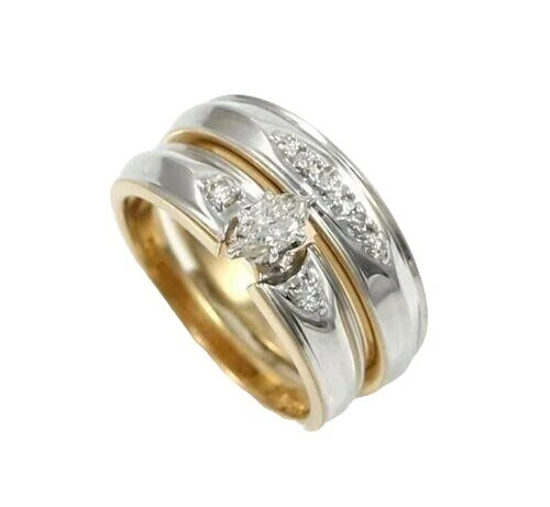 Solid 14K Yellow White Gold Natural Diamond Wedding Engagement Set Ring Size 6 - Image 2 of 4