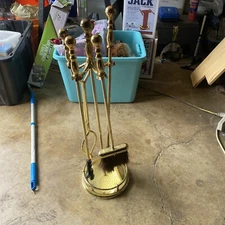 Vintage Elegant Shiny Brass Fireplace Tool Set 4 Piece + Stand, 31" Tall