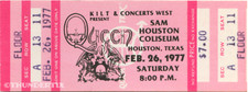 1 1977 BIGLIETTO CONCERTO COMPLETO QUEEN VINTAGE INUTILIZZATO HOUSTON TEXAS laminato repro pk