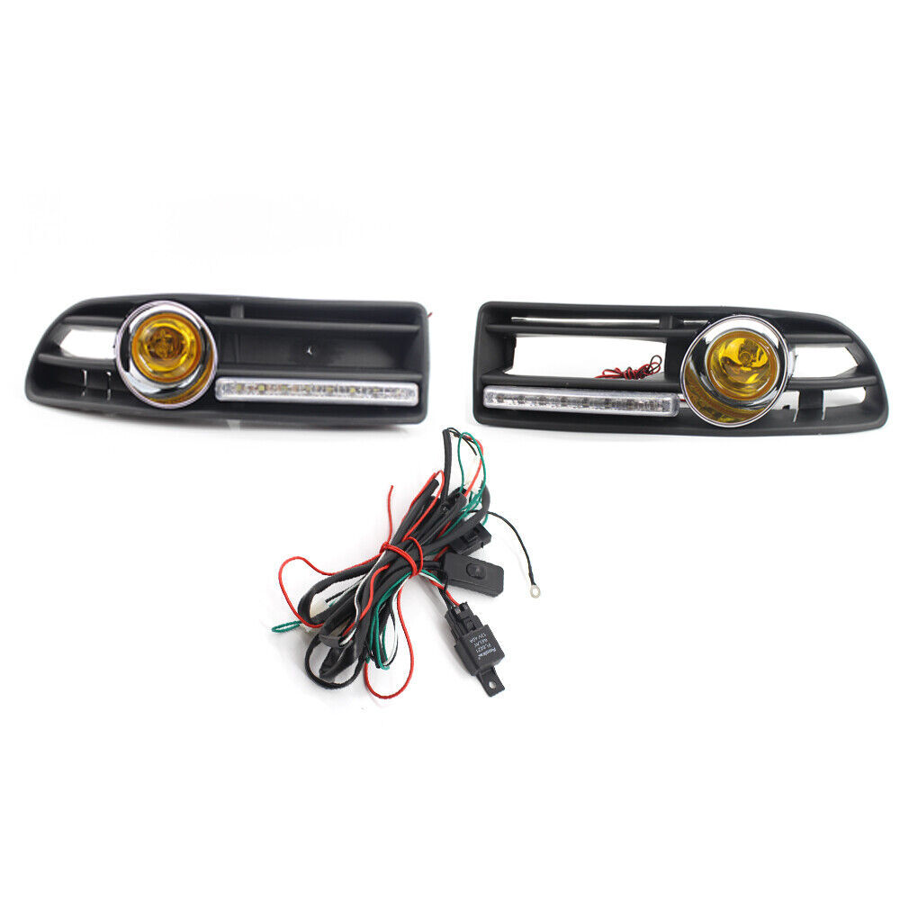GRILLE Halogen FOG LIGHT Lamp Fit FOR VW JETTA BORA 99-04 LED DRL Yellow Lens