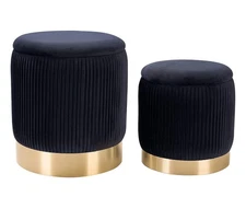Round Velvet Ottoman Set of 2 - Storage Pouf Footstool with Gold Base, Nestin...