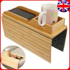 Foldable Bamboo Sofa Arm Tray with Pocket & Anti-Slip Table for Drinks Snacks