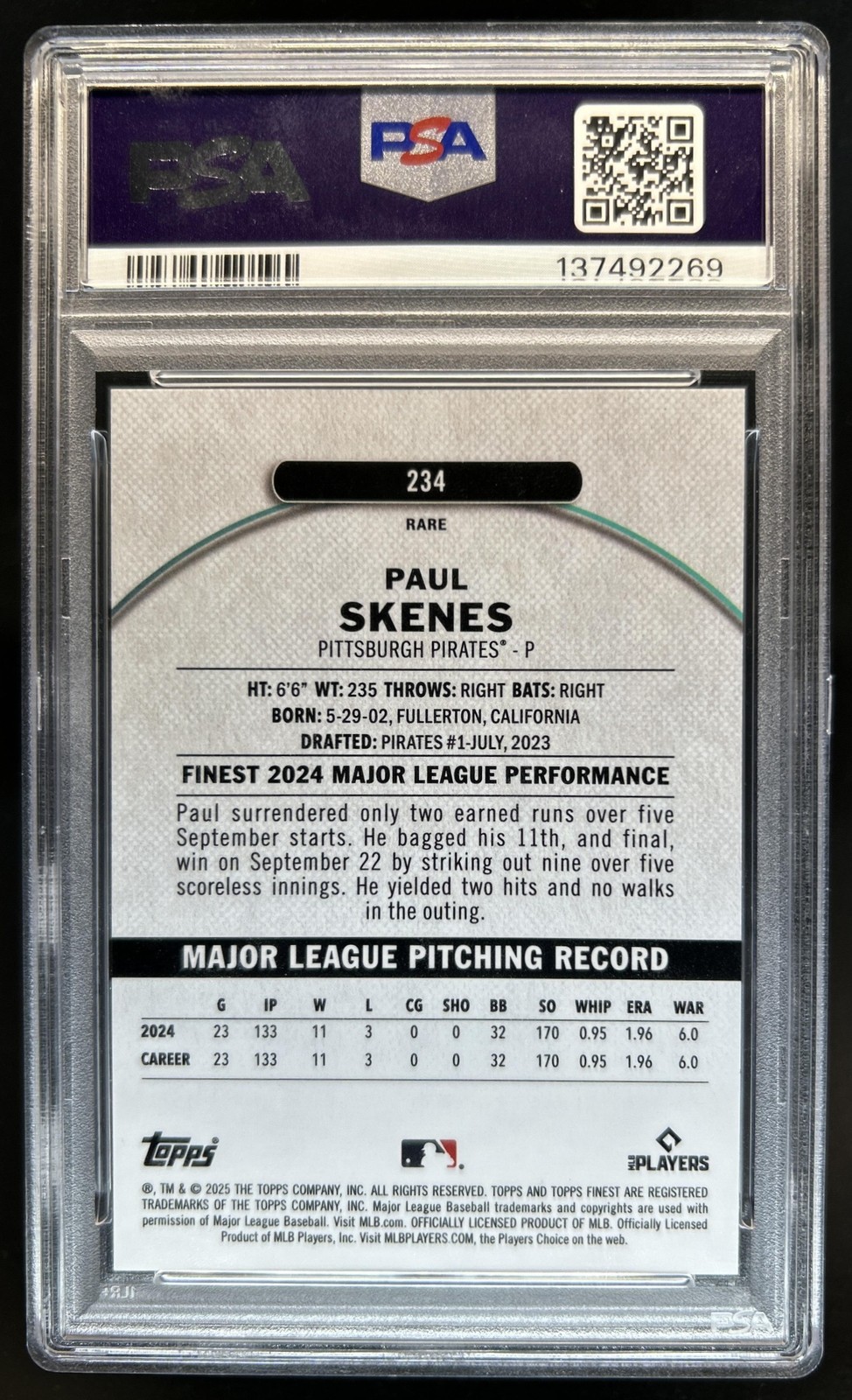 2025 Topps Finest Paul Skenes Rare Pearl Checkerboard Refractor #/30 PSA 10 view 2