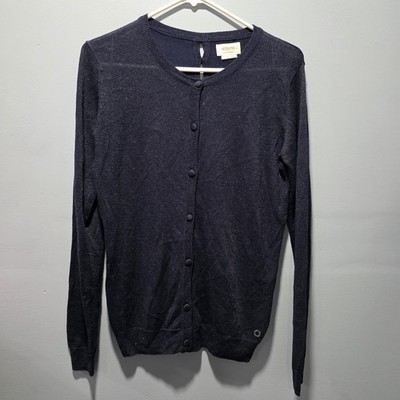 Numph Cardigan Size M Navy Blue Shimmer Sheer Button Long Sleeve Light Weight