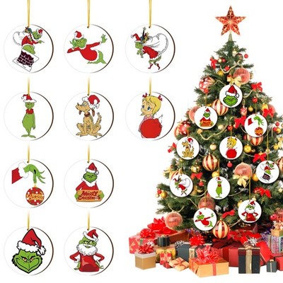 Christmas Decorations,20 pcs Wooden Round Double-Sided Printing Christmas Tree O