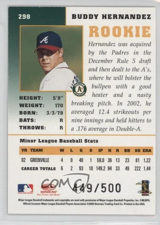 2003 Donruss Champions Signatures /500 Buddy Hernandez #298 Rookie Auto RC - Image 2 of 2