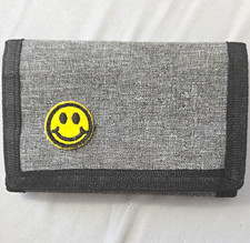 Trifold Wallet Gray Black Yellow Smiley Face Patch Logo Solid Men Wallet