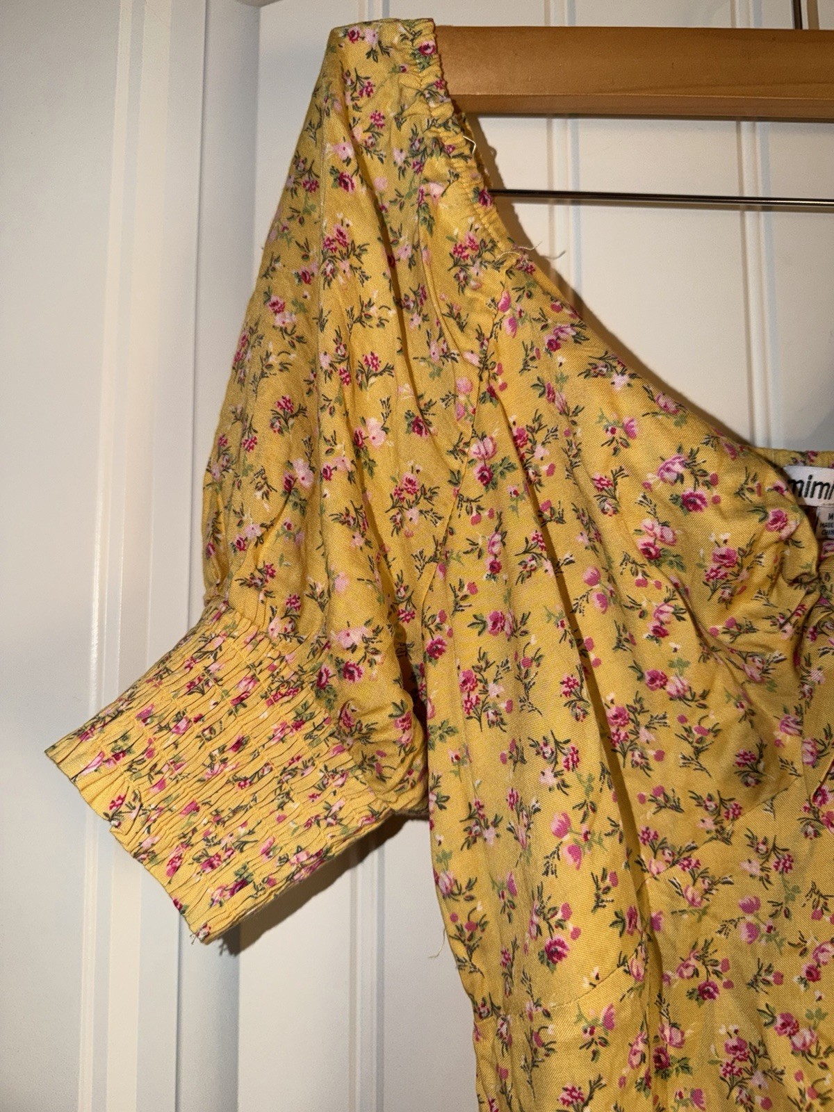 Mimi Chica Yellow Floral Puff Sleeve Dress Medium Cottagecore Boho Tie Front, photo 3