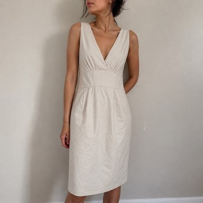 J. Crew Beige Cotton V-Neck Pleated Sheath Dress Size 14 Minimalist Classic