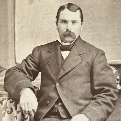 BARRY, IL Glaring Man w/ AWFULLY LOPSIDED BUSHY MUSTACHE CdV CARD Antique Photo