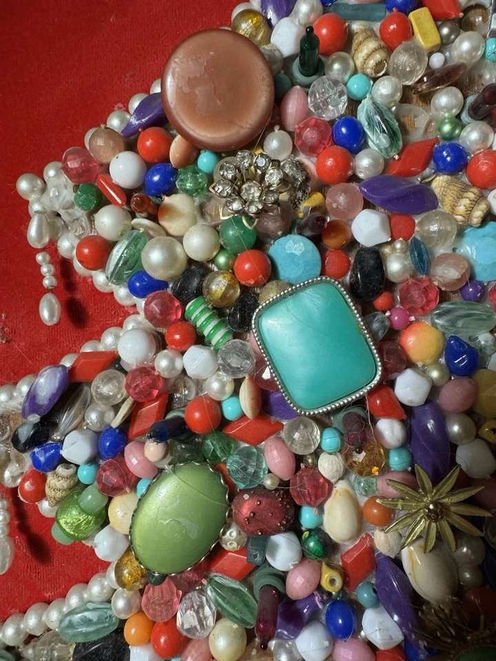 Vintage Framed Jewelry Christmas Tree Folk Art Mosaic Large Brooch Velvet - Image 3 of 4