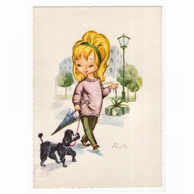 Artist Postcard Birthday / Girl with Poodle, Umbrella and Gift, 1964