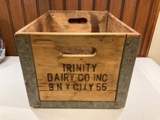Vintage Wood Galvanized Steel Milk Crate, Trinity Farm Dairy, NYC 1955
