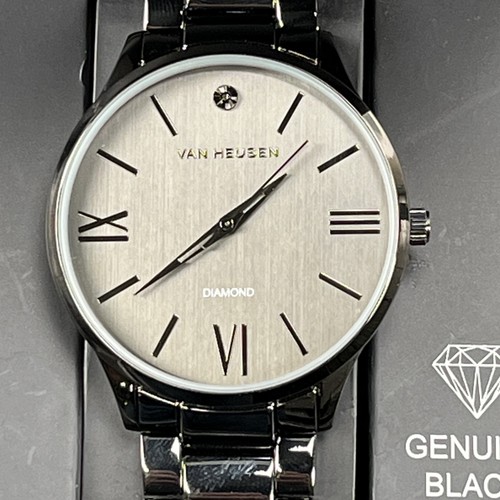 Van Heusen Uhr echter schwarzer Diamant Herren silberfarben Edelstahl neue Box - Bild 5 von 6