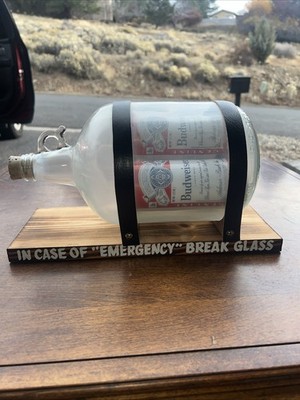Vintage 1970 s   In Case Of Emergency Break Glass   Budweiser Cans In A Bottle