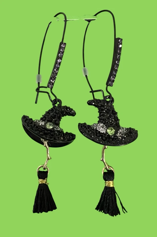Pendientes Betsey Johnson Bruja Sombrero Escoba Negro Cuelga Halloween  Foto 3 de 4