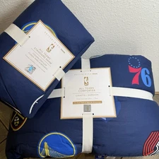 POTTERY BARN NBA COMFORTER & SHAM SET, TWIN ~ORGANIC COTTON PERCALE ~ NAVY MULTI