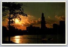 Vtg Postcard Chicago Illinois Skyline Sears Tower Sunset USA Unposted