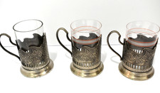 Set Of 3 Glass Holders PODSTAKANNIK Melchior Tea Cups Soviet Russian Palm.