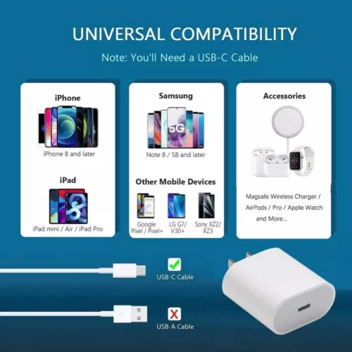 20W Fast USB-C Charger Type-C Cable For iPhone 14 13 12 11 Pro Max XS XR 8 7 - Picture 5 of 10