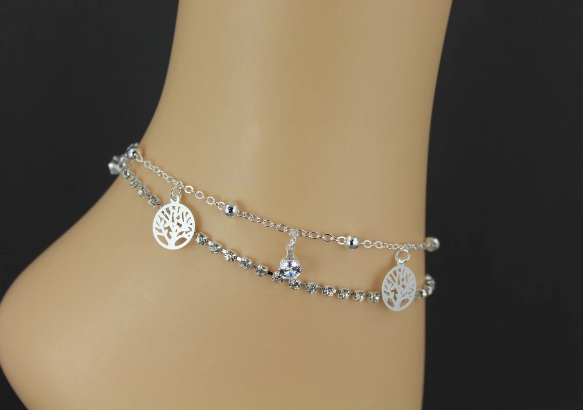 silver anklet tree of life charm dangle adjustable ankle bracelet