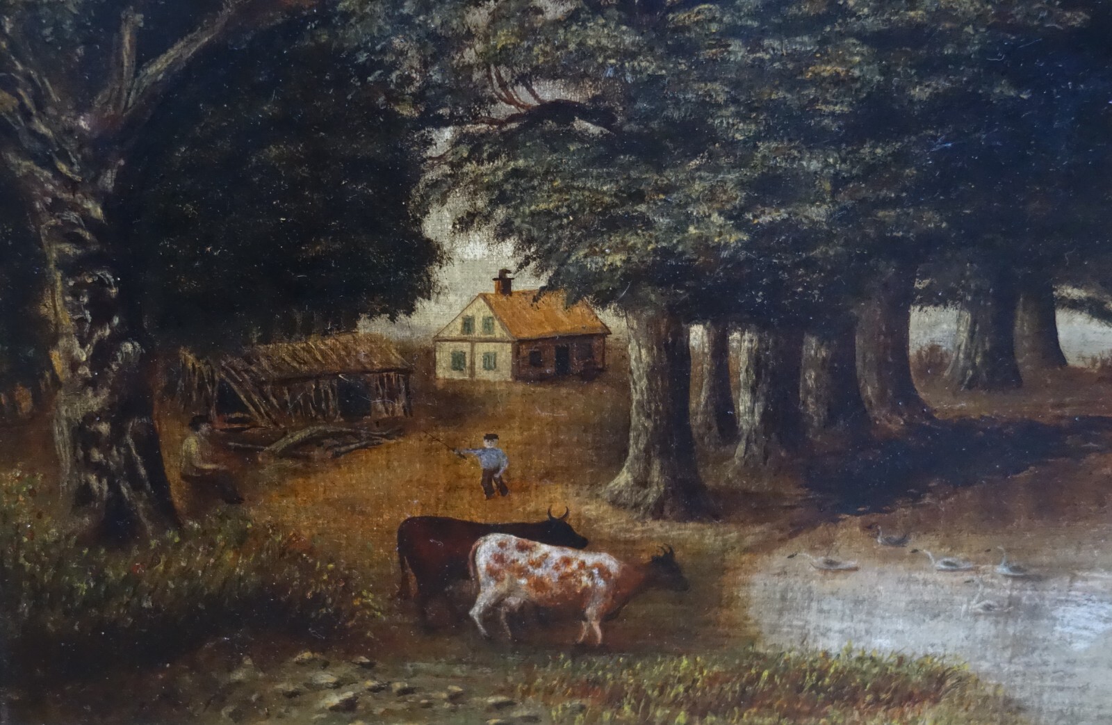 Original Antique Naive Oil Painting on Board Farm Scene Landscape with ...