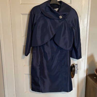 Tahari Suit Dress & Jacket Metallic Nave Blue Rhinestone Closure Size 12