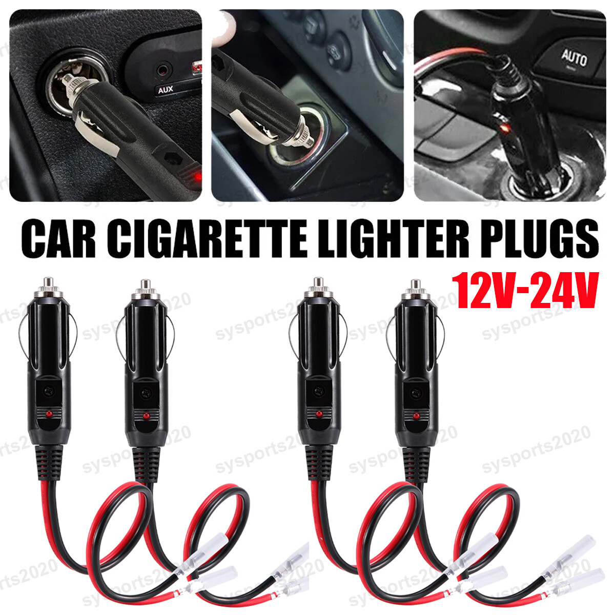 car cigarette lighter positive negative 4Pcs 12V Car Fused Cigarette Lighter Male Power Plug Adapter w/ Leads LED  Light