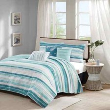 NEW  COZY BEACH HOUSE COASTAL NAUTICAL SEASHELL CORAL TEAL AQUA BLUE QUILT SET