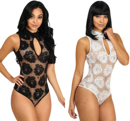 New Ladies White Black Floral Lace Sleeveless Bodysuit Leotard Sheer Top 10-12 - Picture 1 of 6