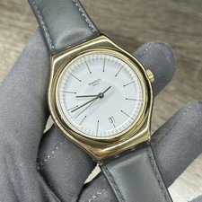 NUOVO✅ Orologio Uomo Swatch Irony EDGY TIME Cassa Acciaio Oro Pelle Nera YWG404