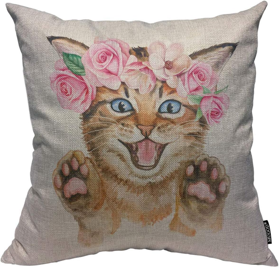 Pillow cover embroidery - cotton - cat dream in flower garden main image 1