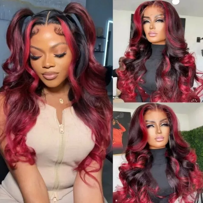 99j Red Burgundy Black Hair Highlight 13x4 Lace Front Human Hair