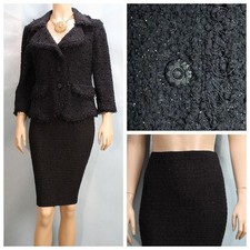 St. John Black Jacket Skirt M L Sz 8 10 2pc Suit Buttons Metallic Shimmer Collar