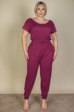 Women's Plus Size Solid Drawstring Short Sleeve Jumpsuit