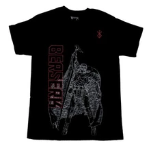Berserk New Adult T-Shirt - White Sketch Outline of Guts Along Name Lapel Logo