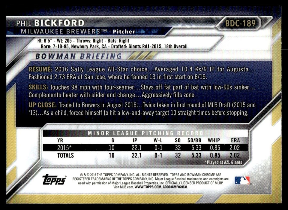 2016 Bowman Draft Picks & Prospects Chrome Phil Bickford Milwaukee Brewers - Image 2 of 2