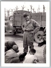 Vtg B W Snapshot Smiling Soldier In Uniform By Army Truck With Child 1950s