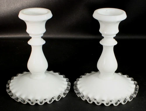 Fenton Glass Silver Crest Candlesticks Pair (2) Milk Glass EXCELLENT CONDITION