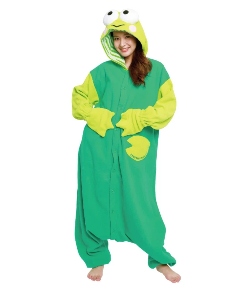 NEW Sazac Sanrio Kerokero Keroppi Fleece Kigurumi Unisex Free Size Green Japan - Image 2 of 4