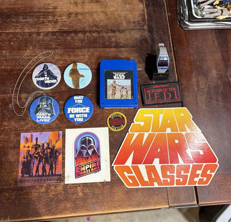 Vintage Star Wars Memorabilia Lot 1977-1983 - 8-Track, LED Watch, Pins, Patches