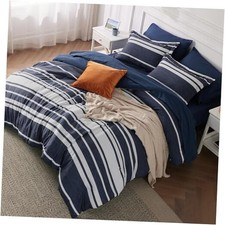 Comforter Set 7 Pieces, Blue Striped Bedding Set for All Queen 05 - Navy
