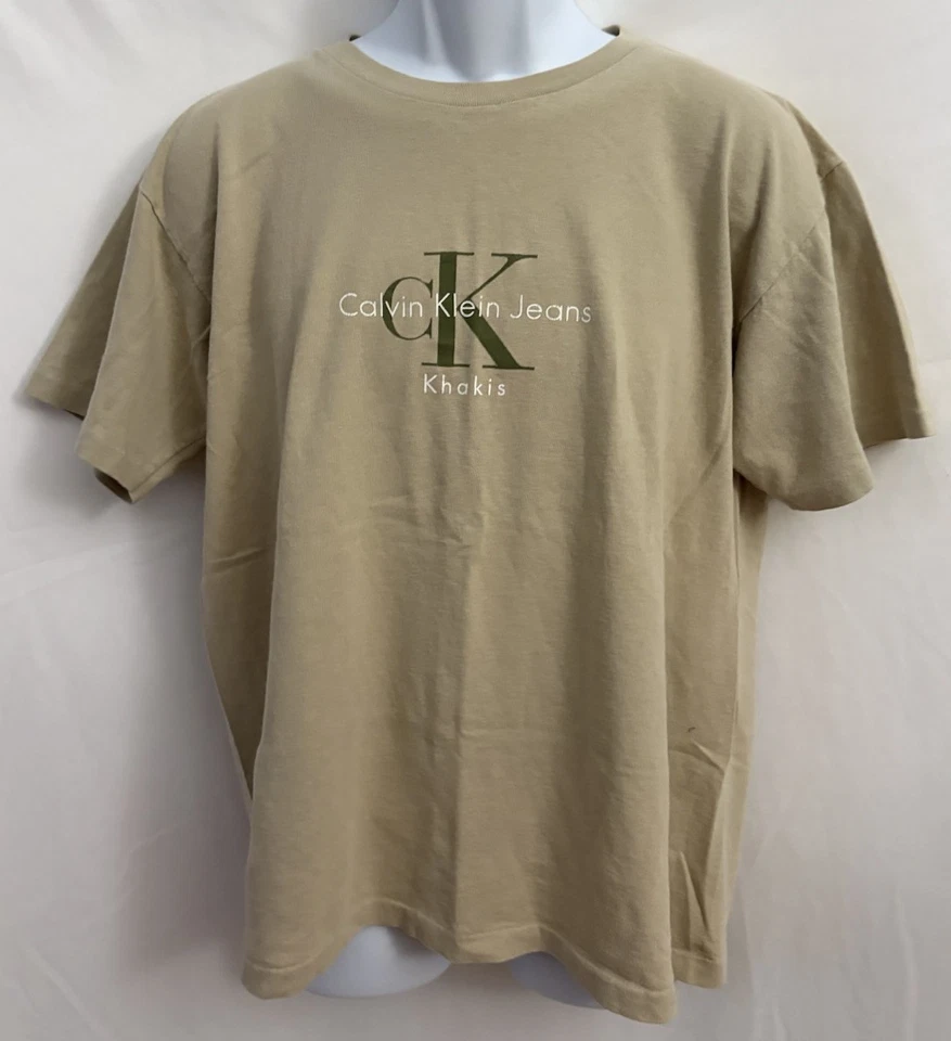 Винтажная мужская футболка 90-х одинарный шов Calvin Klein Khakis размер Small бежевый - Изображение 3 из 4