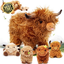Highland Cow Stuffed Animals -Plush Toys Set Mommy and 4 Little Cattle Babies In