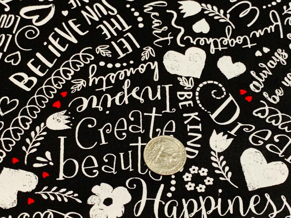 Tela Palabras Aliento Feliz Negro Tesoros atemporales Algodón 1/4 yarda C7741 Foto 3 de 4