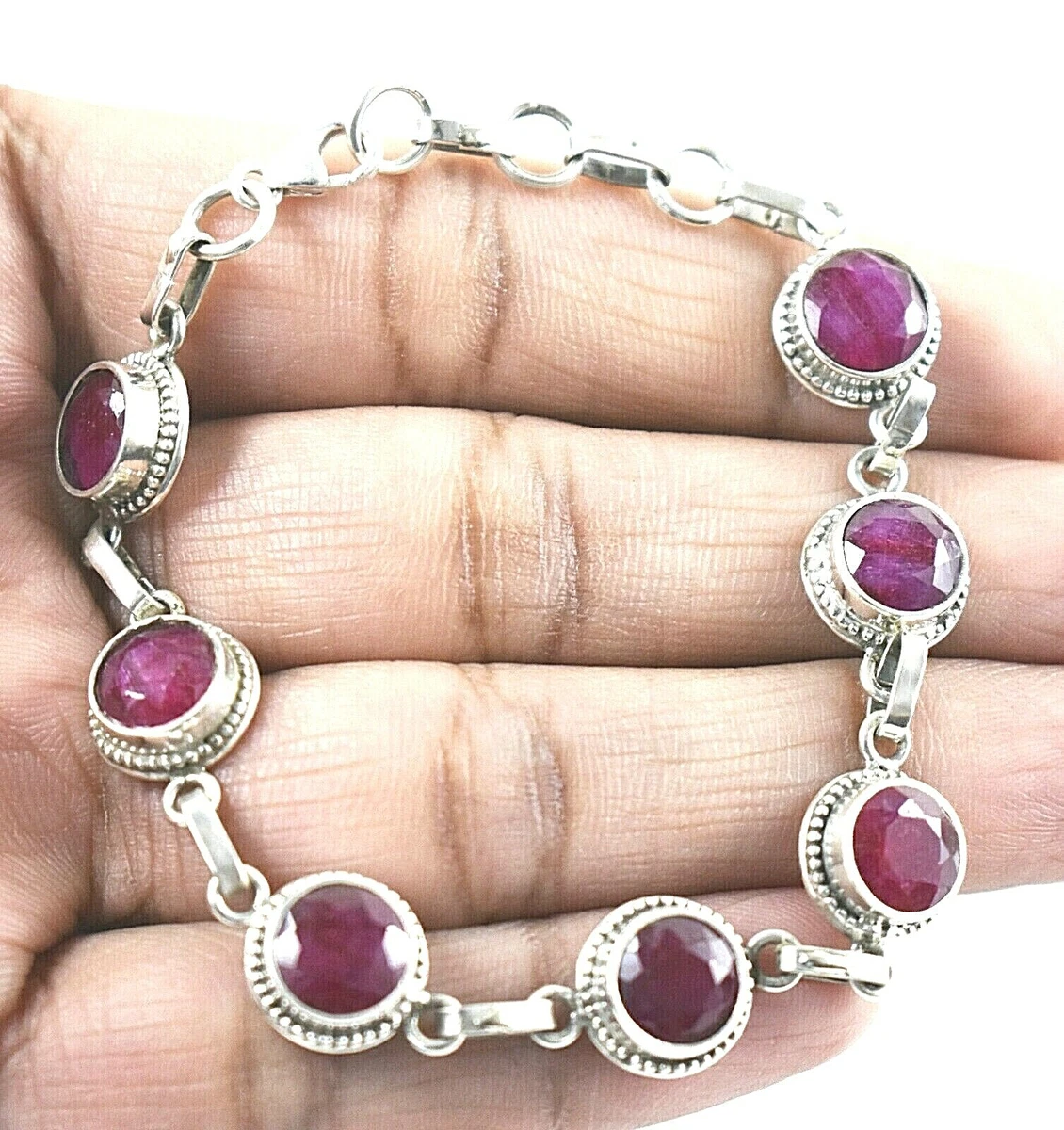 925 Solid Silver Natural Ruby Gemstone Handmade Link Bracelet Gift