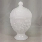 Vintage Avon White Milk Glass Pedestal Compote Candy Dish with Lid Flowers
