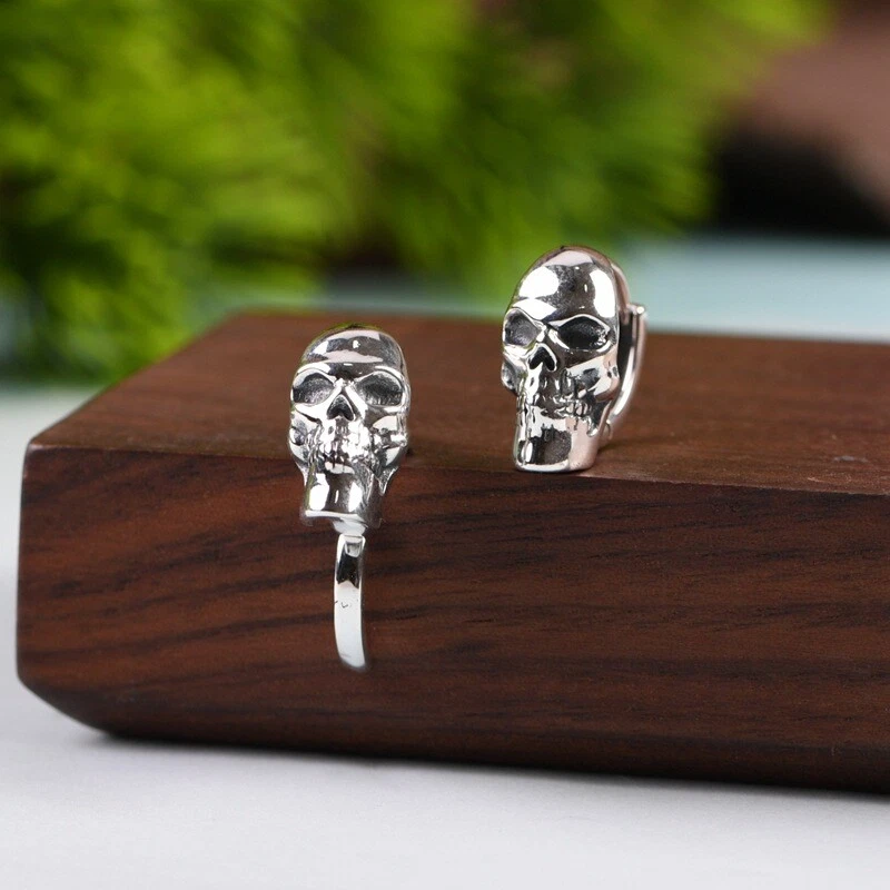 S925 Sterling Silver SKULL Huggie Hoop Earrings Gothic Biker Mens Womens PAIR 8g - Image 2 of 4